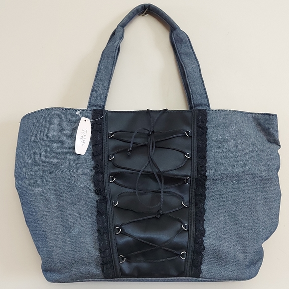 Victorias Secret Denim Corset Lace Up Tote curved shoulder Bag - Picture 1 of 7